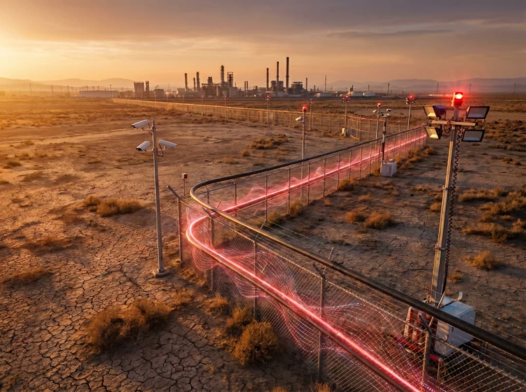 DAS perimeter intrusion detection — fiber optic sensing with glowing cable along industrial fence at sunset
